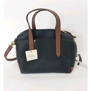 Fossil Bag Sydney SHB2033016 PVC Black/Tan Top Zip MD Satchel New With Tag